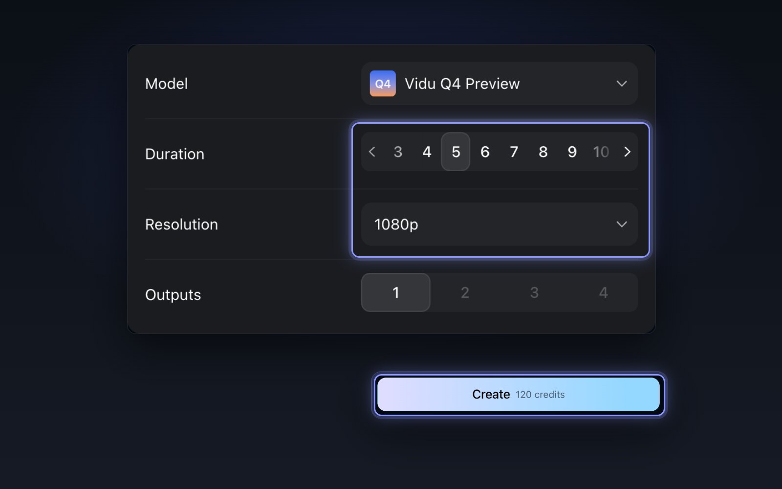 Choose length and resolution, then create