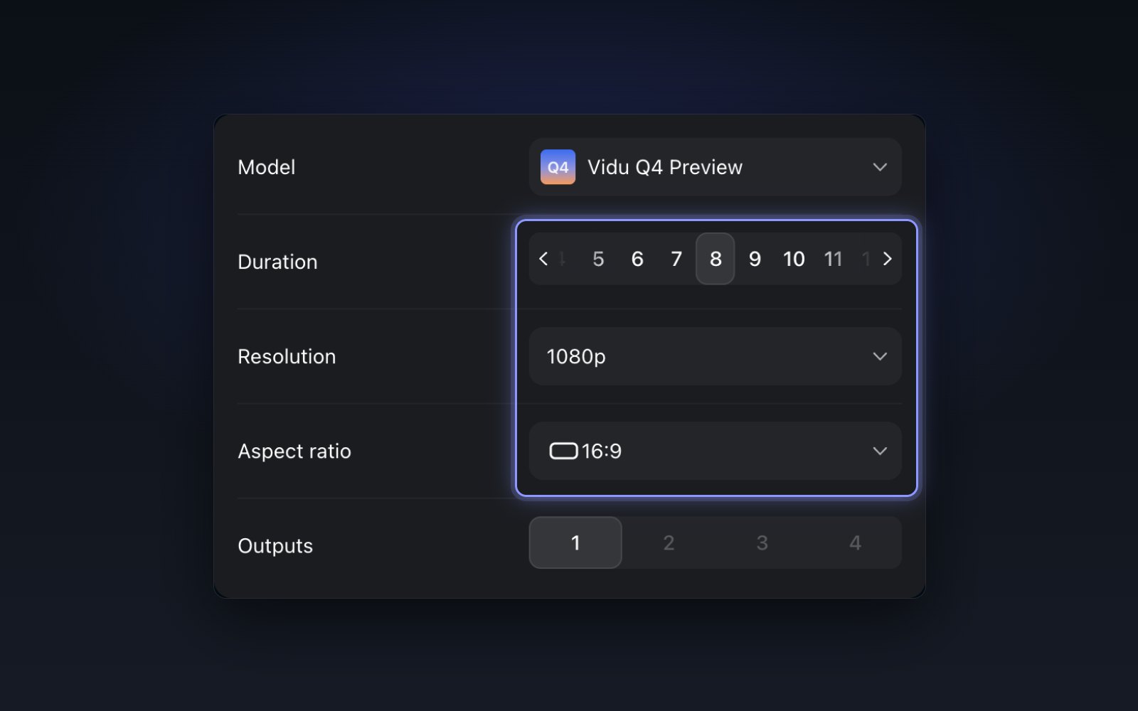 Choose length, resolution and ratio