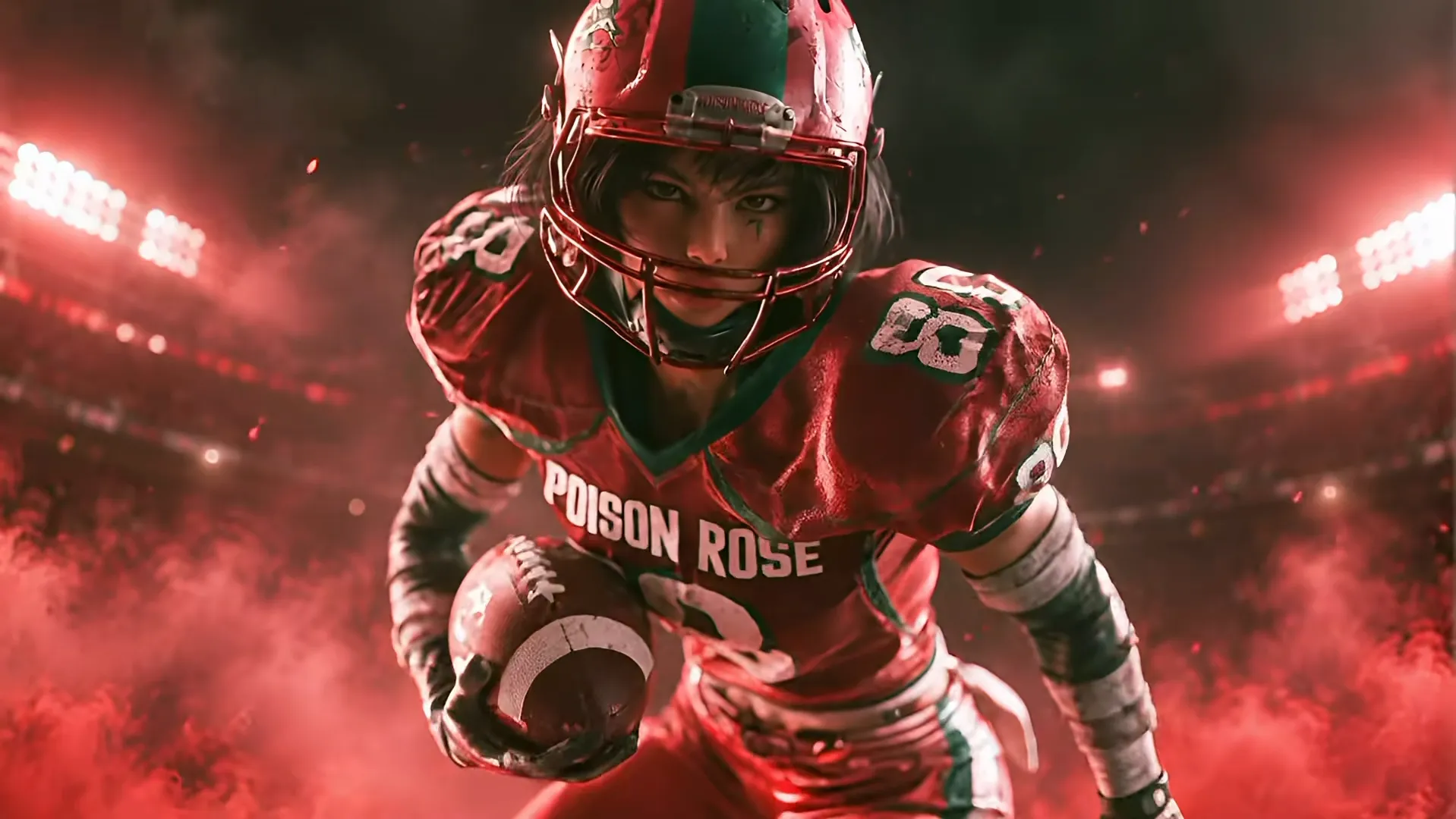 Use the player in the reference image as the only subject; keep the face, helmet, red jersey, football and red smoke consistent. 10s, 16:9, cinematic sports cinematography. 0–3s: close-up of the eyes and face mask, the player looks up as stadium lights flash across the mask. 3–7s: hard cut to a low side tracking shot as the player bursts out of the red smoke with the ball. 7–10s: hard cut to a frontal medium shot, the player charges the camera and the last second slows almost to a freeze. Keep the jersey lettering, no extra players or captions. Only footsteps, breathing and distant crowd ambience; no music.